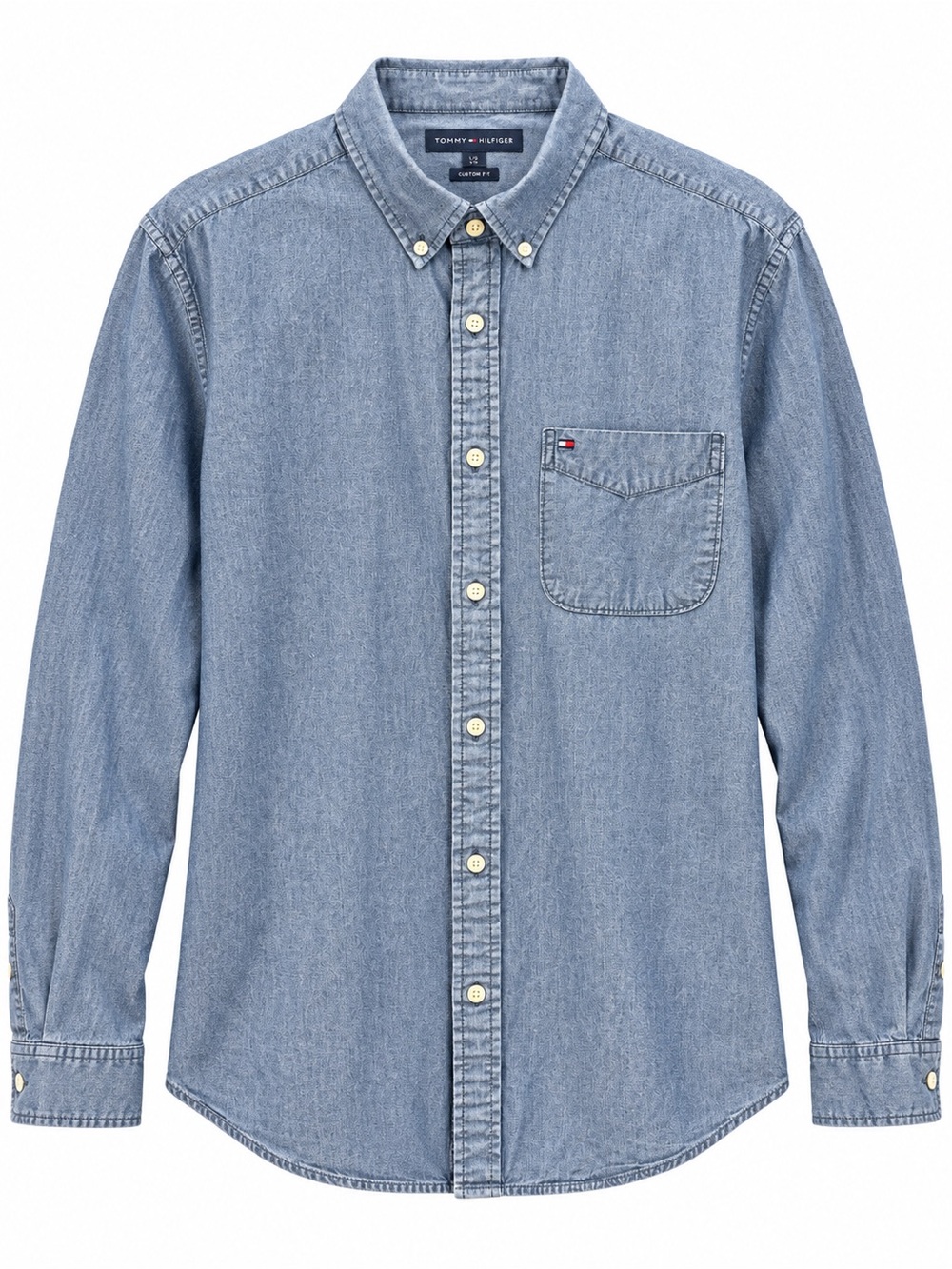 Tommy Hilfiger Men’s Blue Chambray Custom Fit Button-Down Shirt – Size Large